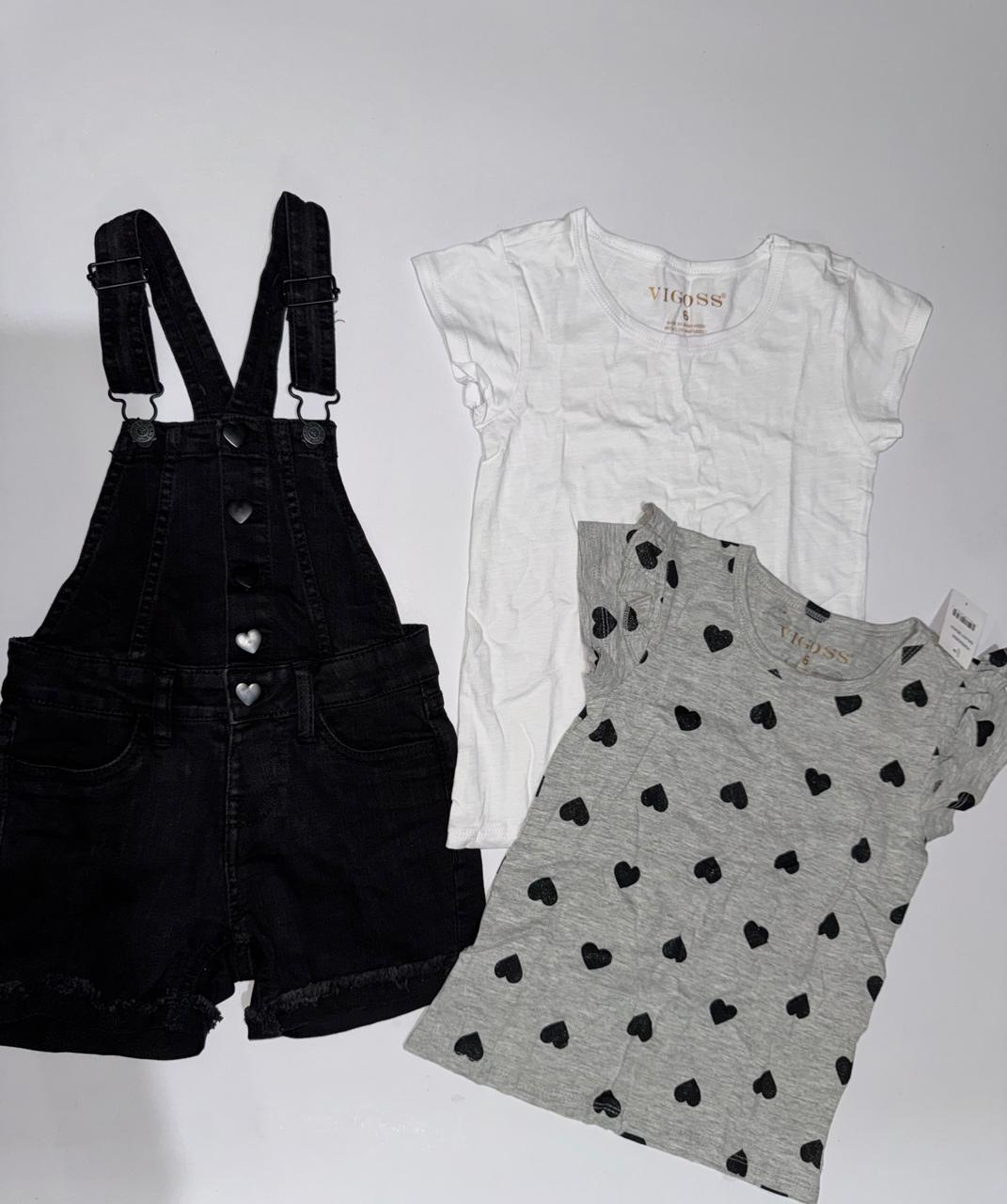 Conjunto de pantalón corto para niña, playera con volantes, playera y overol corto de mezclilla elástico, conjunto de 3 piezas