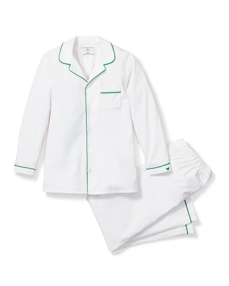 Conjunto de pijama infantil de sarga blanca con ribete verde Petite Plume