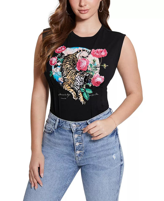 GUESS Camiseta de corsé feroz de manga corta ecológica para mujer