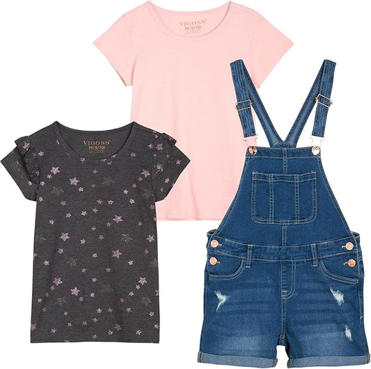 VIGOSS - Conjunto de pantalón corto para niña, playera con volantes, playera y overol corto de mezclilla elástico, conjunto de 3 piezas para niñas