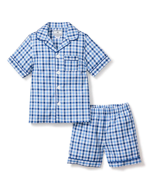 Conjunto de pijama corto de sarga para niños en cuadros vichy azul real Petite Plume