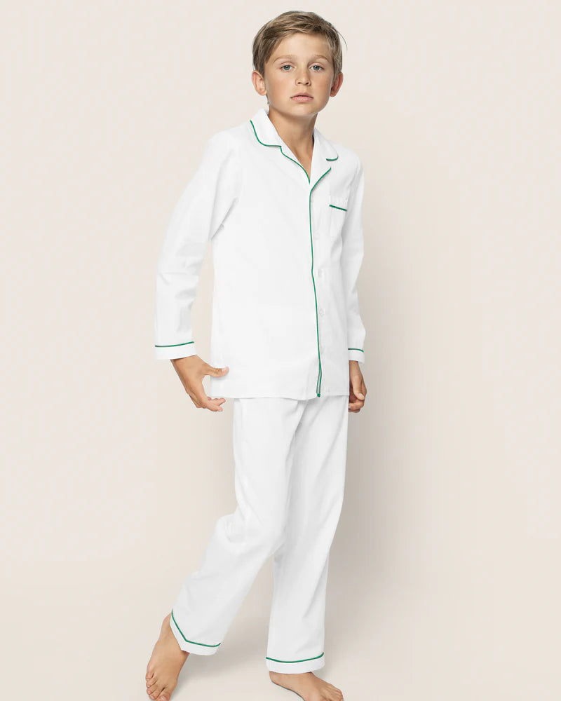 Conjunto de pijama infantil de sarga blanca con ribete verde Petite Plume