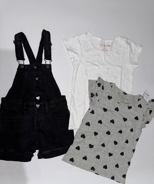 Conjunto de pantalón corto para niña, playera con volantes, playera y overol corto de mezclilla elástico, conjunto de 3 piezas