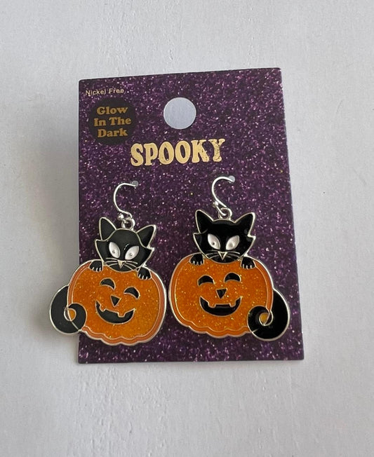 Aretes de Halloween con diseño de calabaza y gato negro